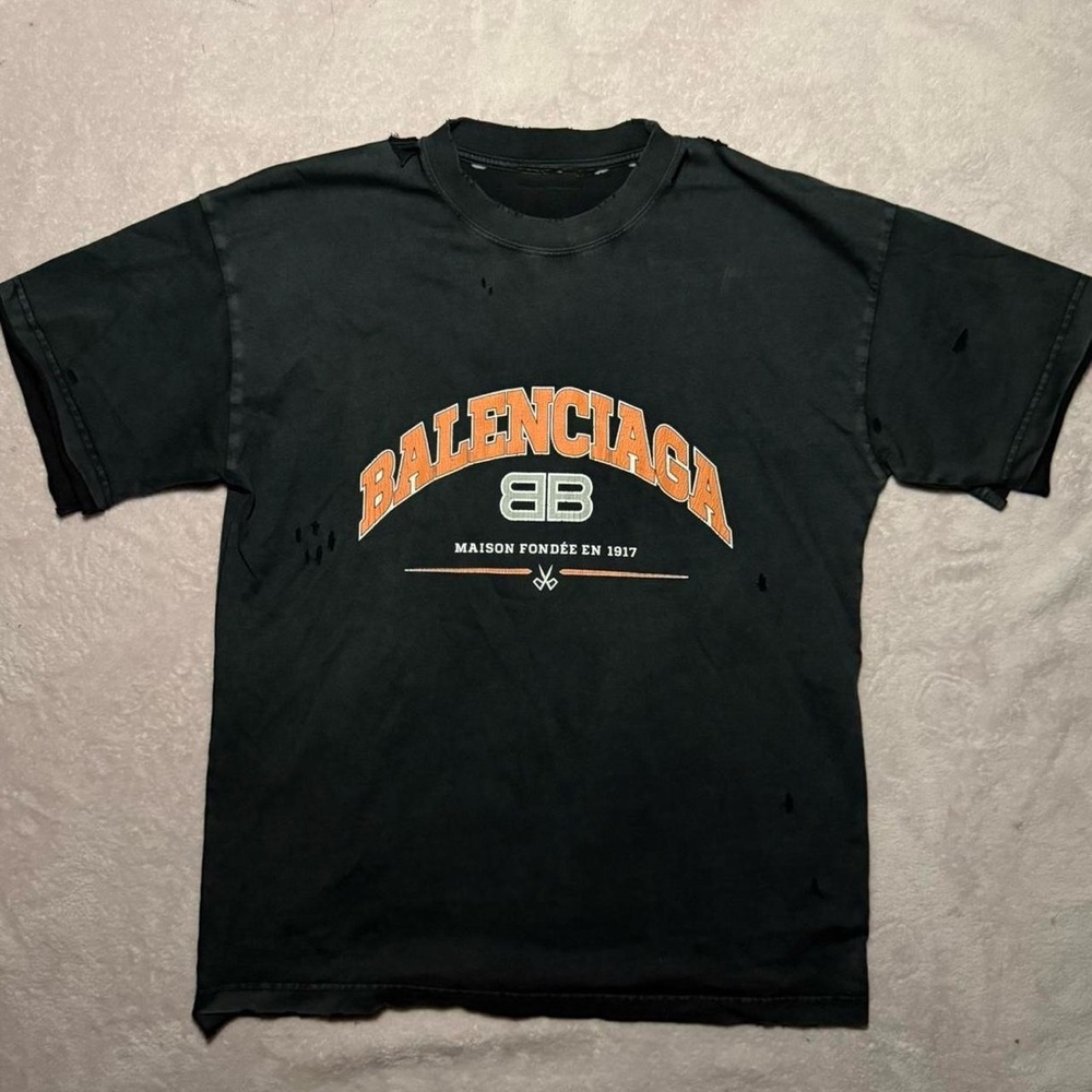 Balenciaga Distressed Oversized Black Tee with Orange Logo Lettering